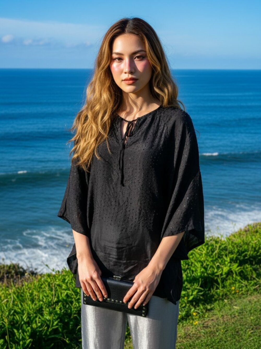 VTG Y2K Da-Nang Silk Kimono Blouse XS Black Beaded Boho Luxe Tunic Top DaNang